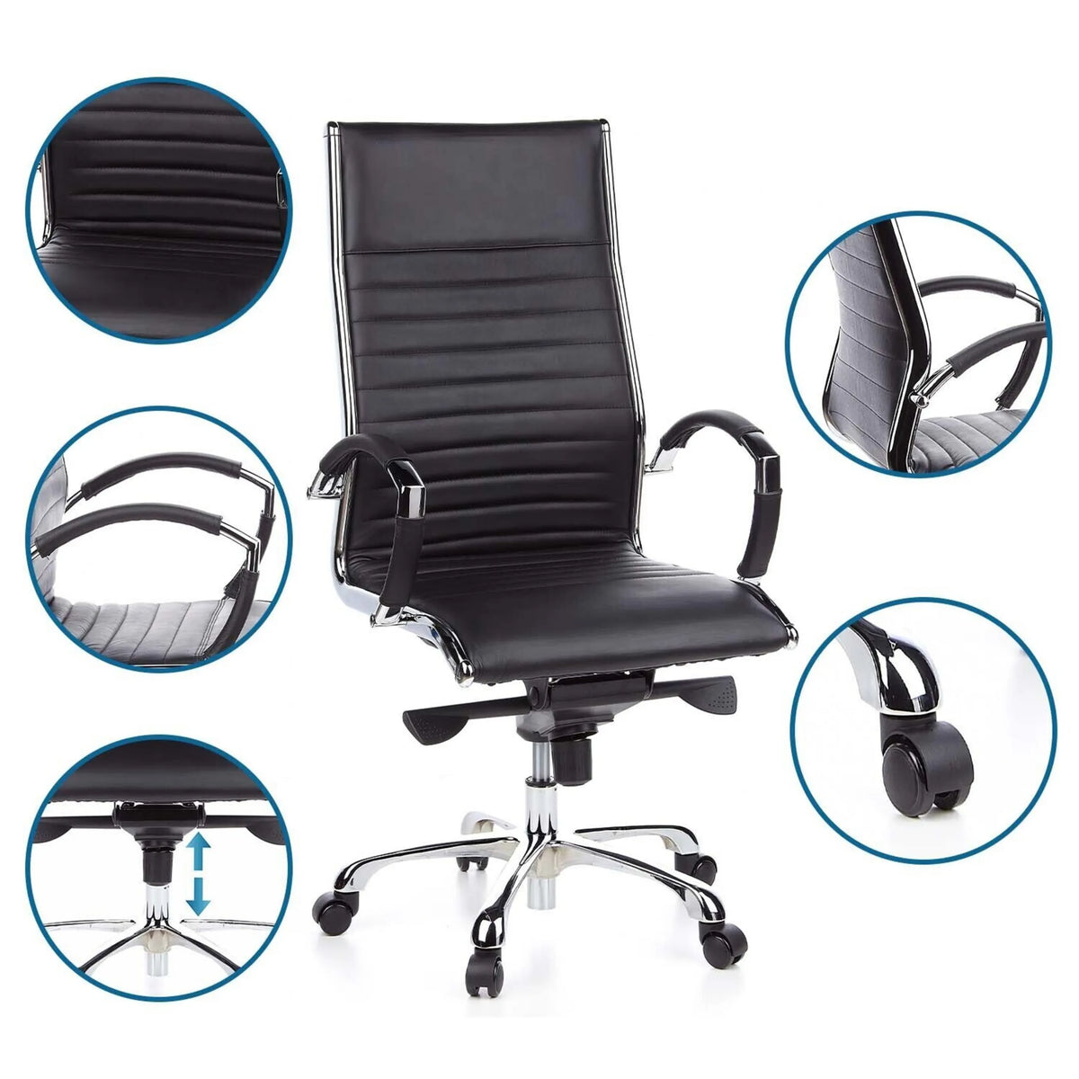 Sillón de oficina profesional PARMA 20 negro con vistas detalladas del tapizado, reposabrazos, pistón de gas y ruedas de hjh OFFICE