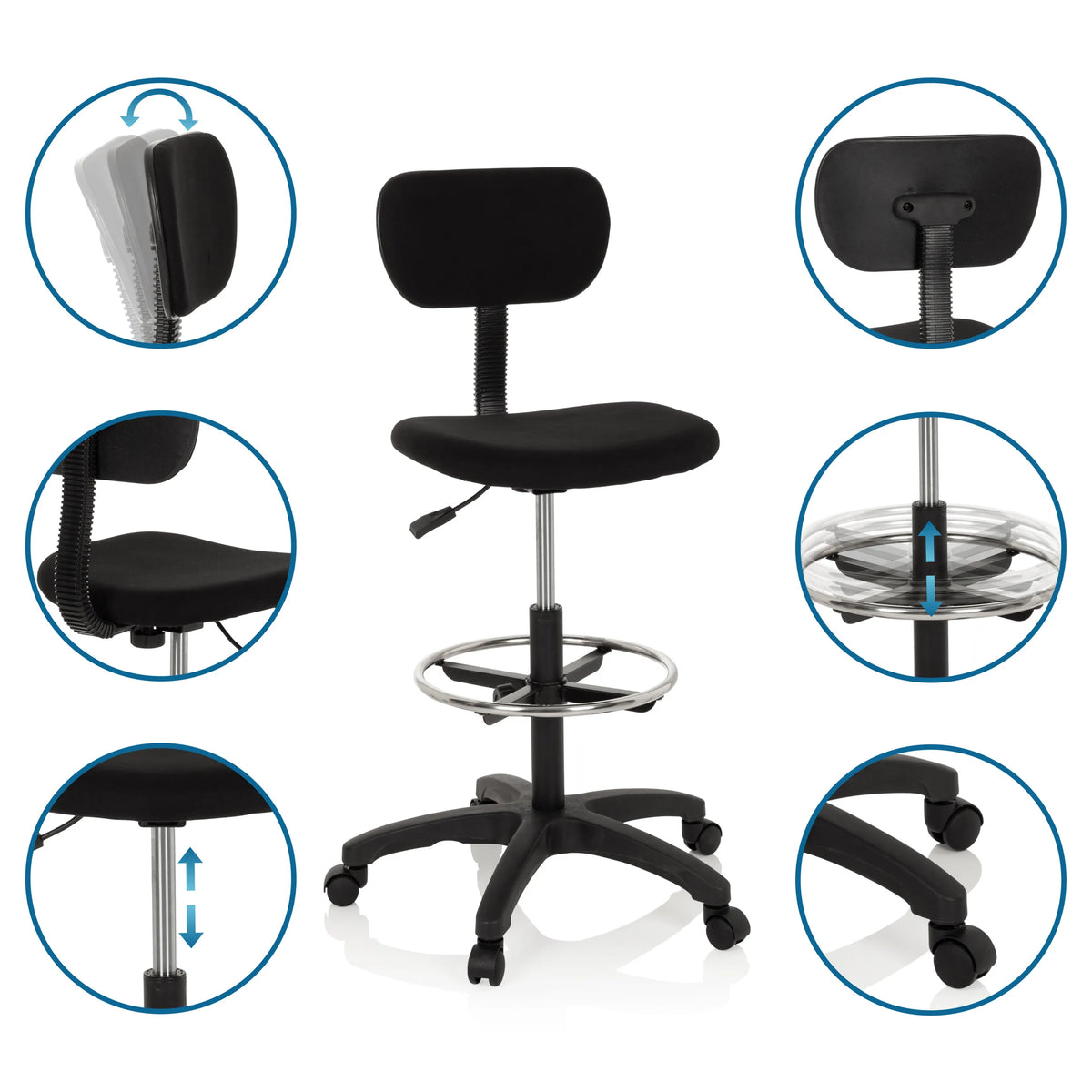 Silla de mostrador TOP WORK 05 en negro con respaldo ajustable y aro reposapiés de hjh OFFICE