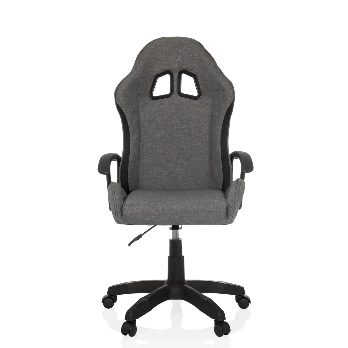 Silla gaming GAMEBREAKER W01 gris con dos aberturas para el reposacabezas y base de cinco ruedas de MyBuero – vista de 360° (vista frontal 0°)
