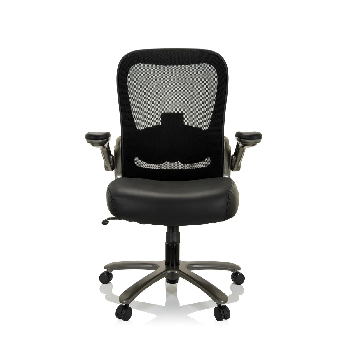 Silla giratoria XXL INSTRUCTOR T I negra con respaldo de malla, asiento de cuero y base de cinco ruedas de hjh OFFICE – vista de 360° (vista frontal 0°)