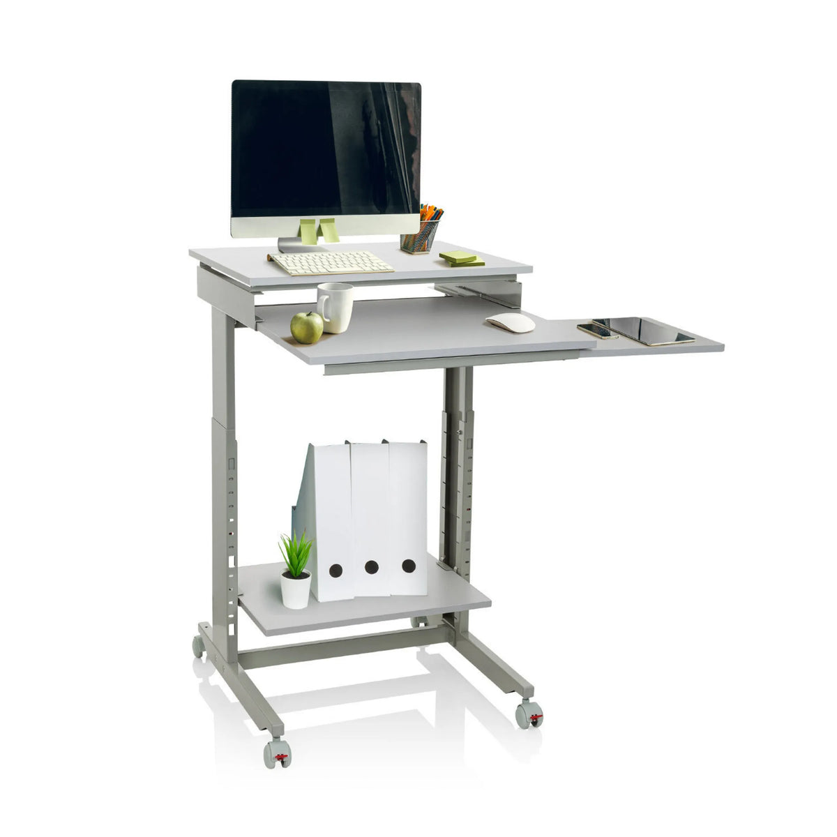 Escritorio de pie WORKSTATION gris con dos niveles, compartimento de almacenaje y ruedas de hjh OFFICE