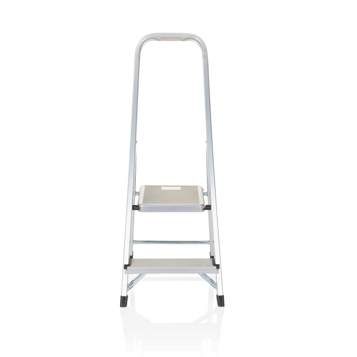 Silberne Klappleiter SOLID I aus Aluminium mit zwei Stufen und Handgriff von hjh OFFICE – 360-Grad-Ansicht (Frontansicht 0°)
