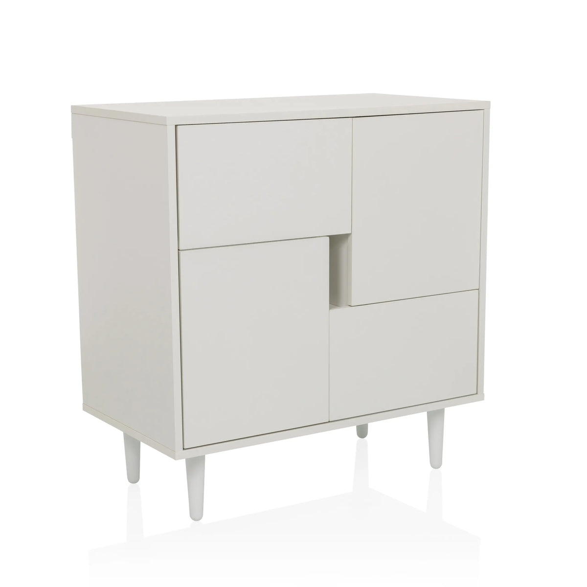 Cómoda blanca LYKKJA con división frontal asimétrica y cuatro patas de hjh LIVING – vista de 360° (vista frontal en diagonal 30°)