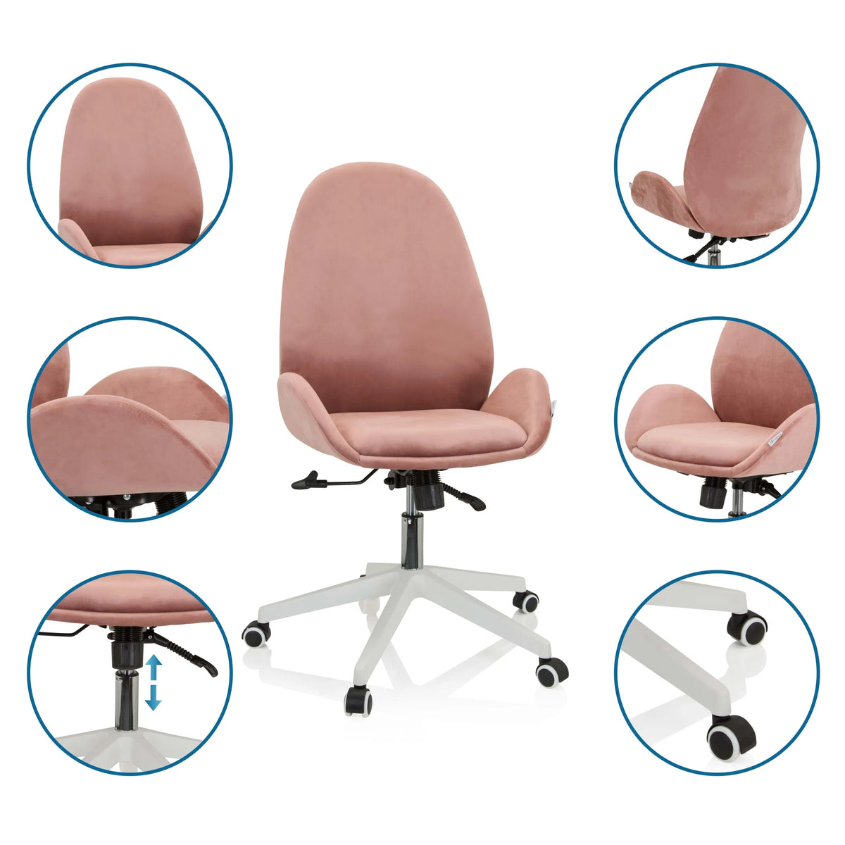 Silla Home Office rosa AVEA con vistas detalladas del respaldo, el pistón de gas y las ruedas de hjh OFFICE
