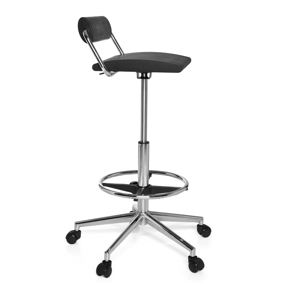 Taburete giratorio negro TOP WORK 28 con anillo reposapiés y base de cinco ruedas de hjh OFFICE – vista de 360° (vista lateral 80°)