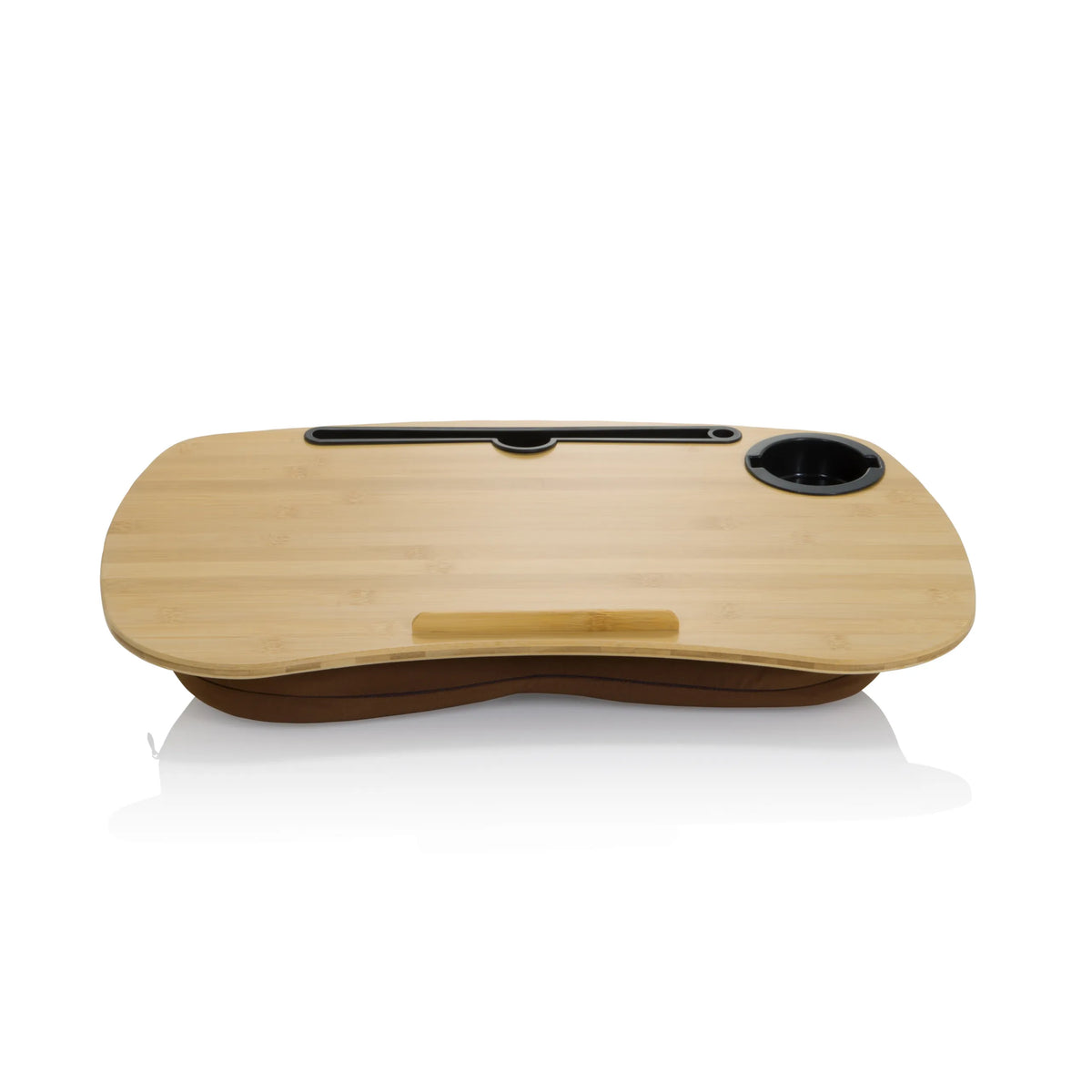 Soporte para portátil COMFILAP I marrón de bambú con soporte para tablet y portavasos de hjh OFFICE – vista de 360° (vista frontal 0°)