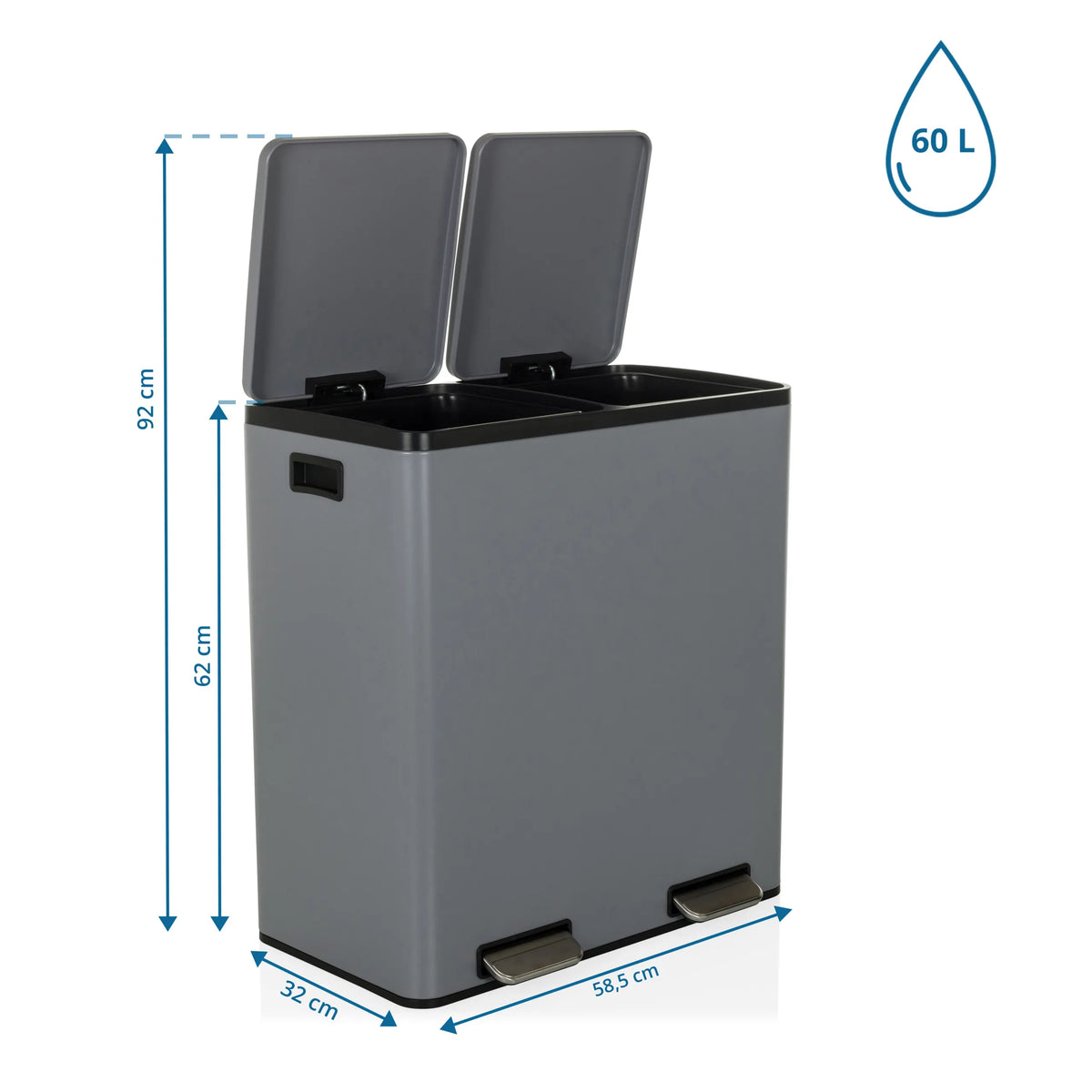 Vista de dimensiones de la papelera Clean 13 con capacidad de 60 L y 58,5 x 32 cm de hjh OFFICE
