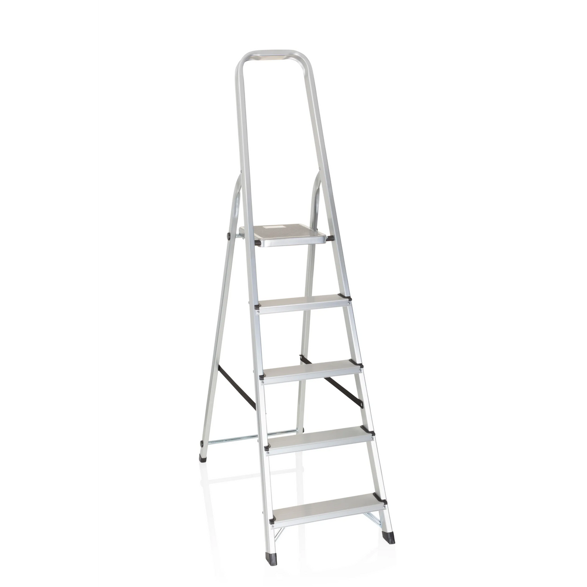 Escalera plegable SOLID III de aluminio plateada con cinco peldaños y asa de hjh OFFICE – vista de 360° (vista frontal 20°)