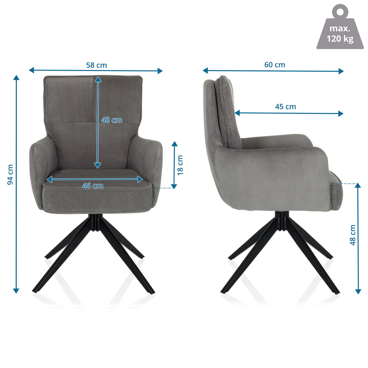 Dibujo dimensional de la silla tapizada TARUGO con una altura de 94 cm y una anchura de 58 cm de hjh LIVING