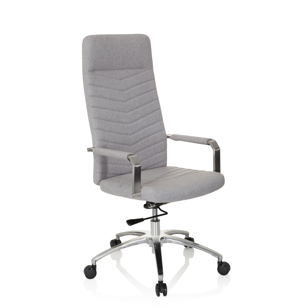 Silla Home Office SARANTO PLUS en color gris claro con reposabrazos y base de cinco ruedas de hjh OFFICE – vista de 360° (vista frontal en diagonal 40°)