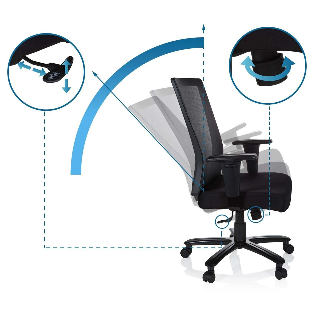 Mecanismos de ajuste del respaldo y la altura del asiento de la Silla giratoria XXL EXTENDER de hjh OFFICE