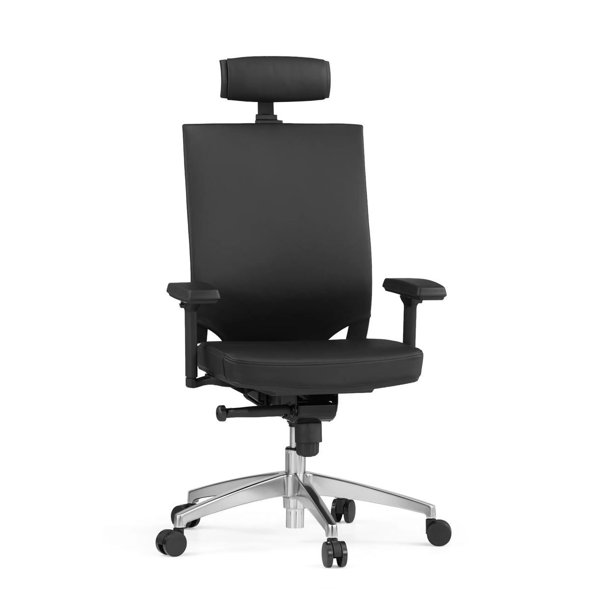 Silla de oficina profesional PORTO MAX HIGH negra de cuero con reposacabezas y base de cinco ruedas de hjh OFFICE – vista de 360° (vista frontal 15°)