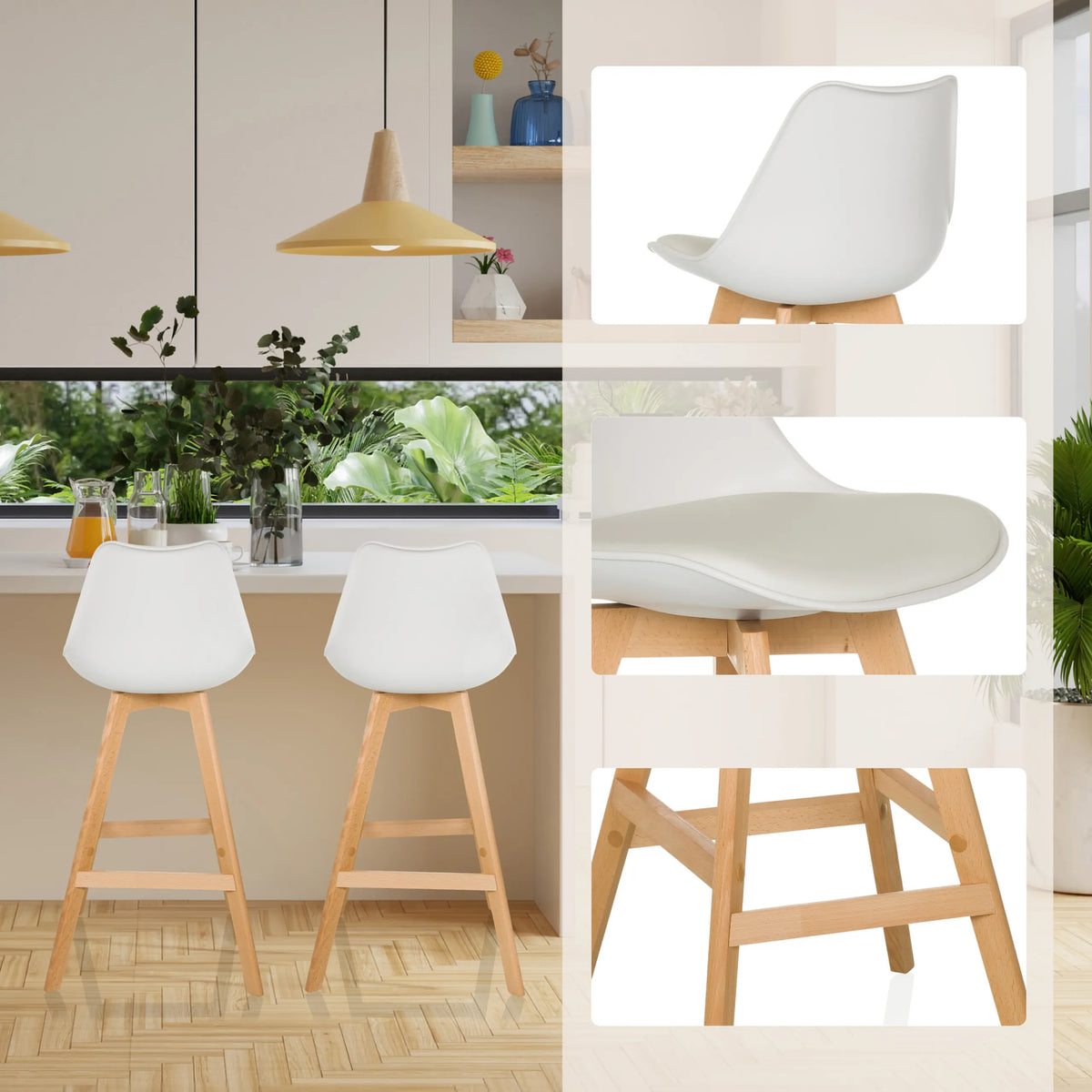 Taburete de bar SCANDI HIGH en blanco con estructura de madera y asiento envolvente en varias vistas de hjh LIVING