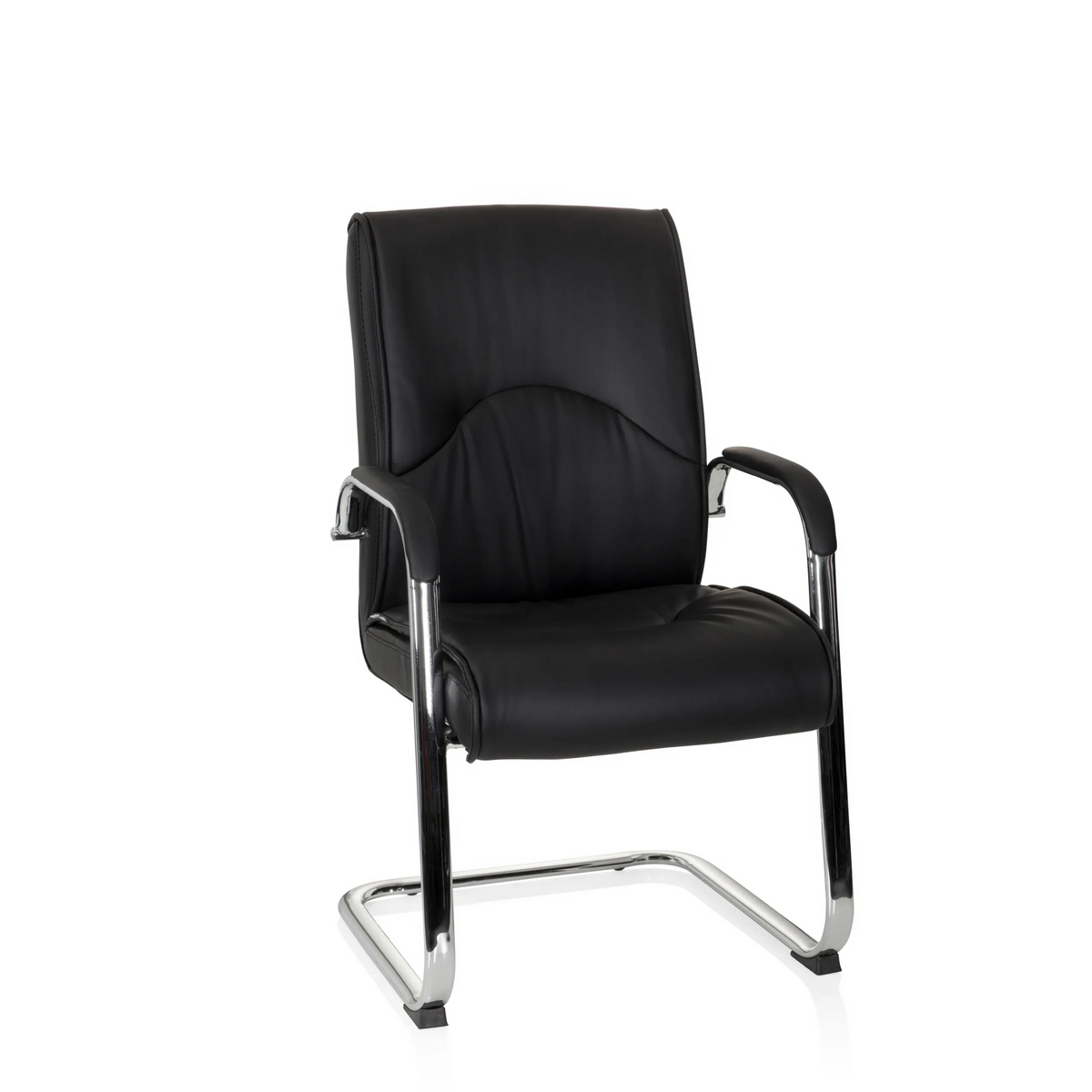 Silla de viga voladiza SOVRANO V negra con reposabrazos y estructura de patín cromada de hjh OFFICE – vista de 360° (vista frontal 20°)