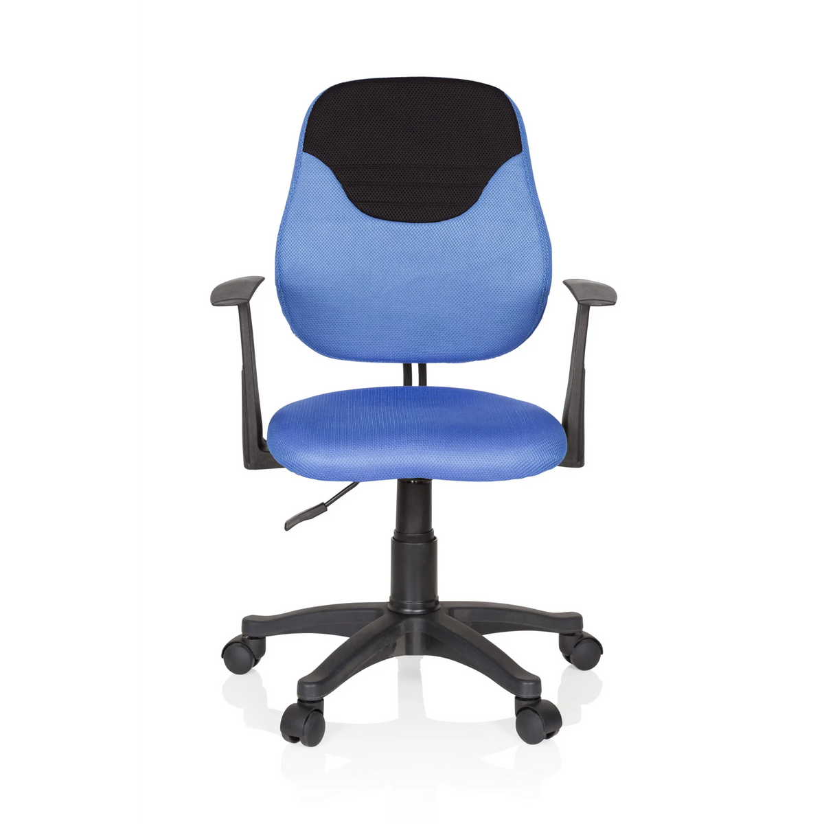 Silla giratoria para niños KIDDY STYLE azul con respaldo de malla, reposabrazos y base de cinco ruedas de hjh OFFICE – vista de 360° (vista frontal 0°)