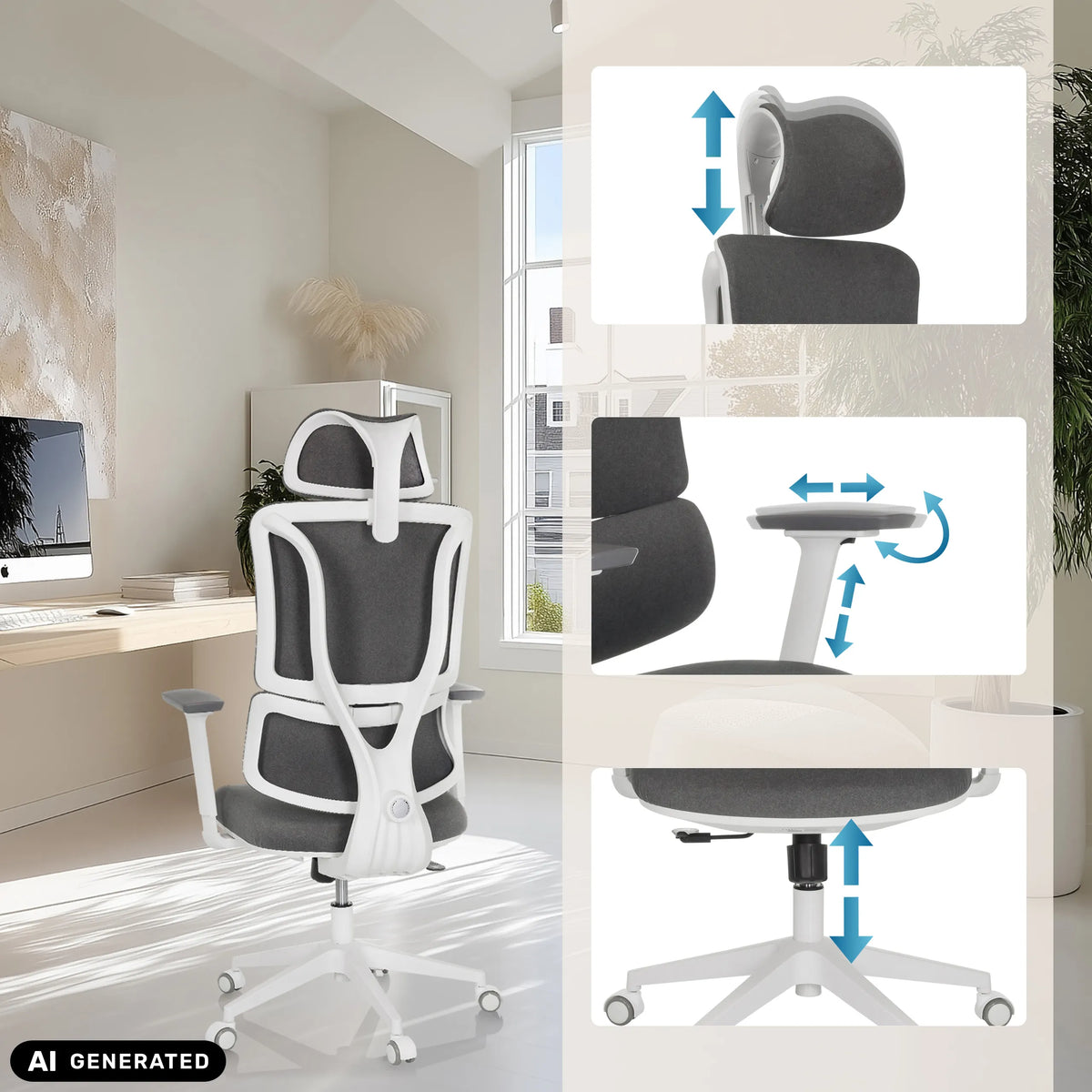 Reposacabezas, reposabrazos y altura del asiento ajustables de la Silla Home Office ERGOMY WF de MyBuero (imagen generada por IA)