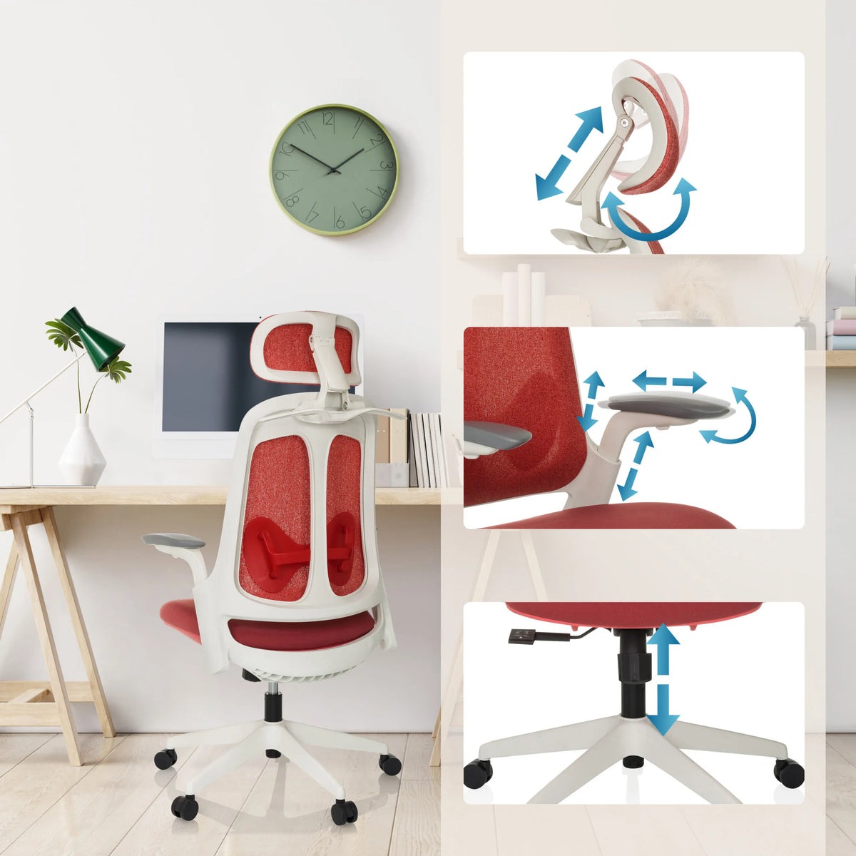 Opciones de ajuste del reposacabezas, reposabrazos y altura del asiento de la Silla de oficina profesional ARCEO WF de hjh OFFICE