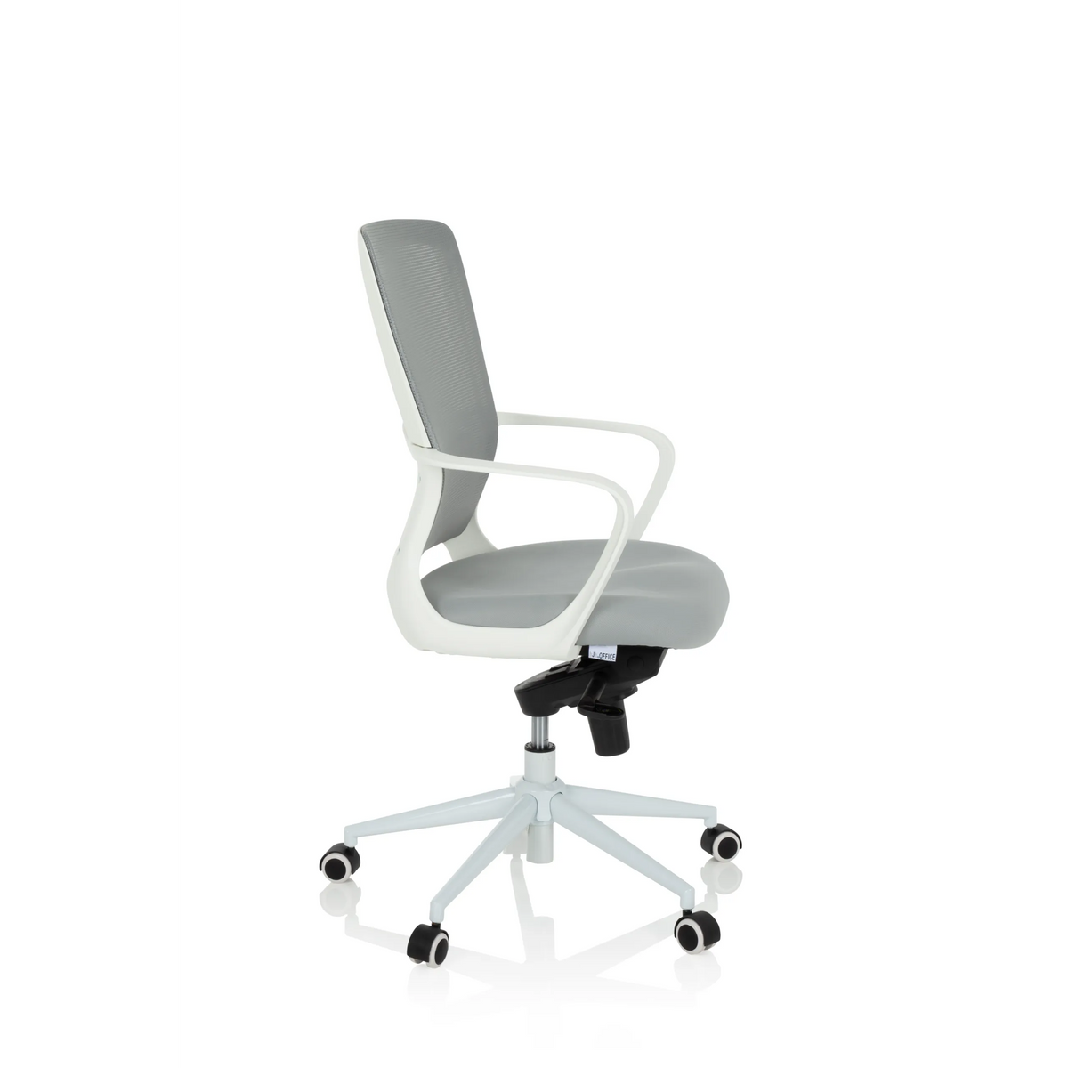 Silla Home Office ESTRIA gris con respaldo de malla y base de cinco ruedas de hjh OFFICE – vista de 360° (vista lateral 80°)