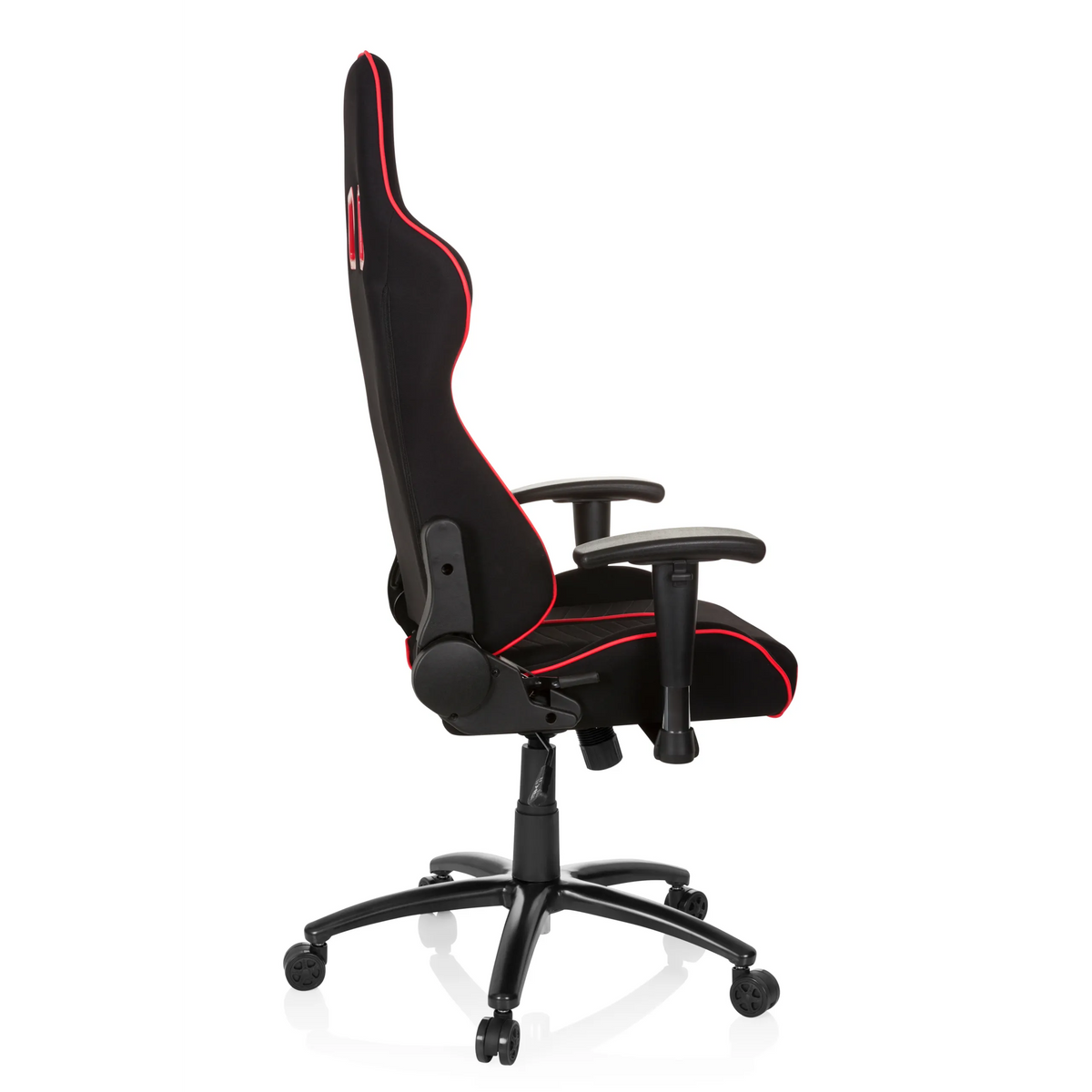 Silla gaming LEAGUE PRO I en negro y rojo con dos aberturas para el reposacabezas y base de cinco ruedas de hjh OFFICE – vista de 360° (vista lateral 100°)