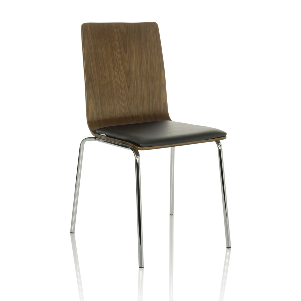 Silla de confidente negra PERIA con respaldo de madera marrón y patas cromadas de hjh OFFICE – vista de 360° (vista frontal en diagonal 30°)