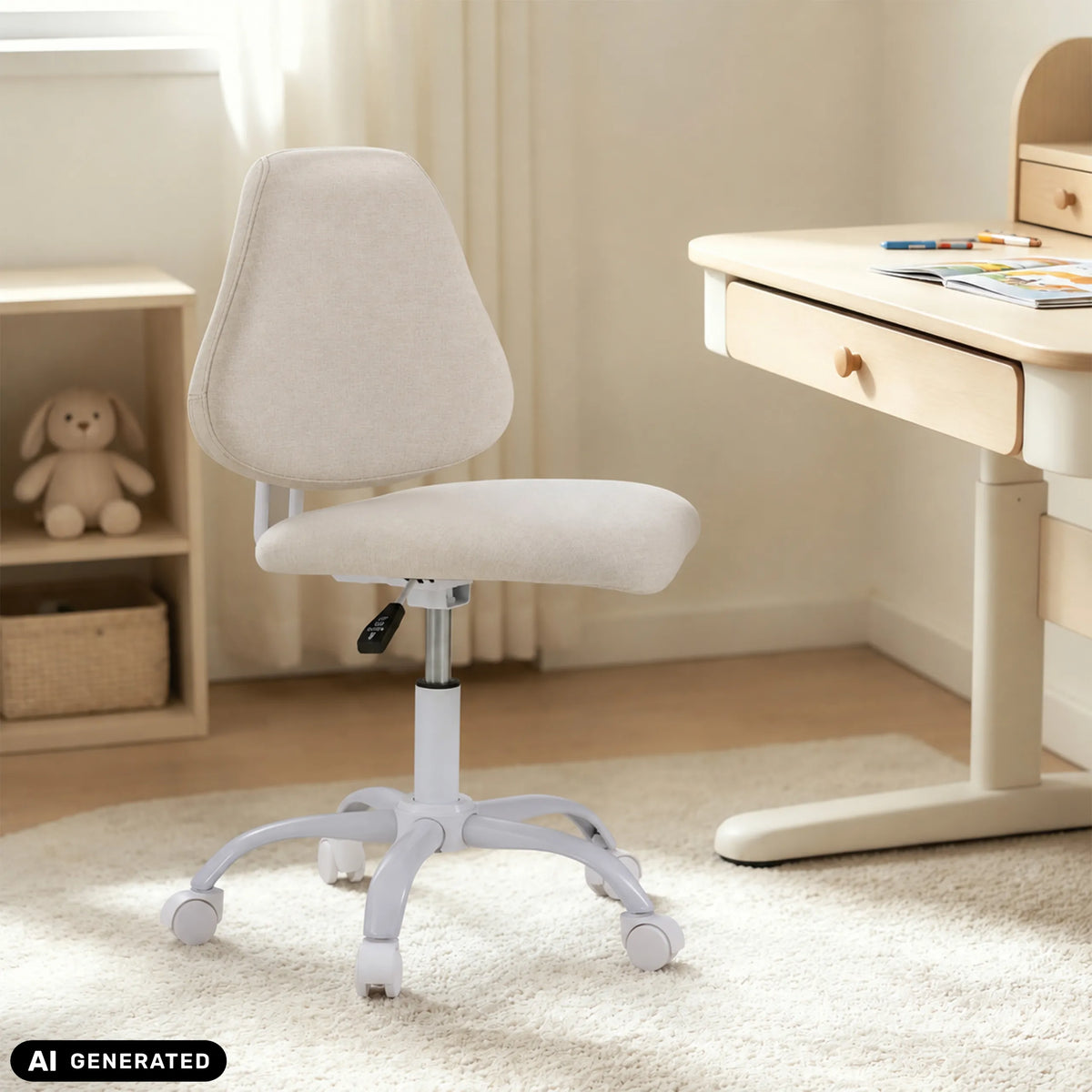 Silla giratoria para niños Lumikid en color beige con ruedas y pistón de gas de hjh OFFICE (imagen generada por IA)