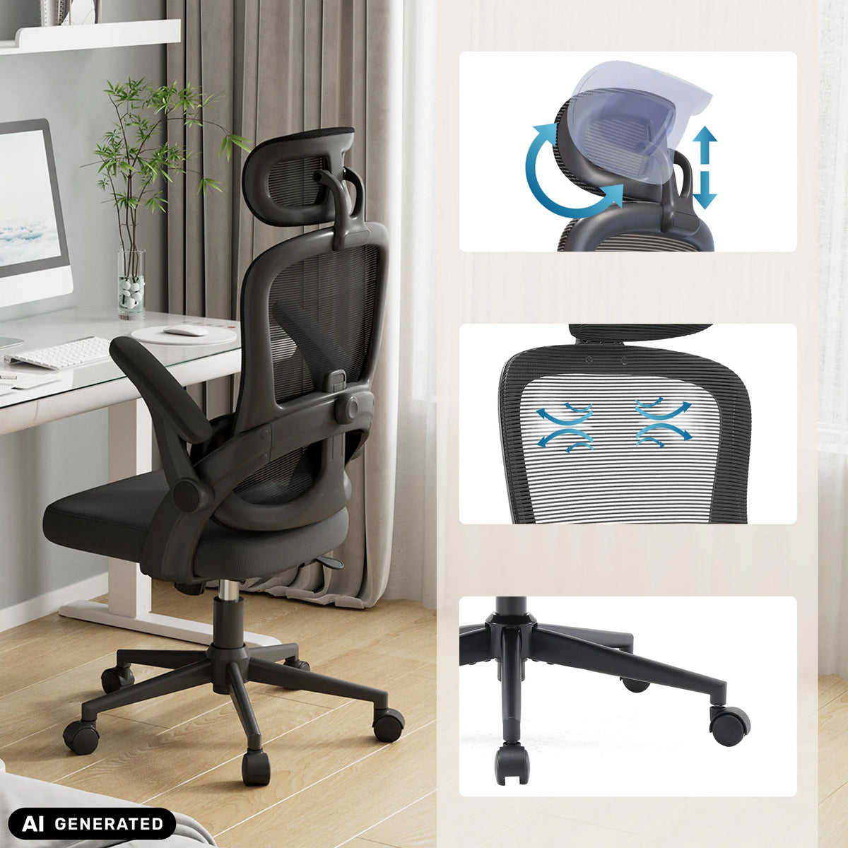 Silla de oficina profesional MC102C-M101 en negro con reposacabezas ajustable y base de estrella de Sihoo (imagen generada por IA)