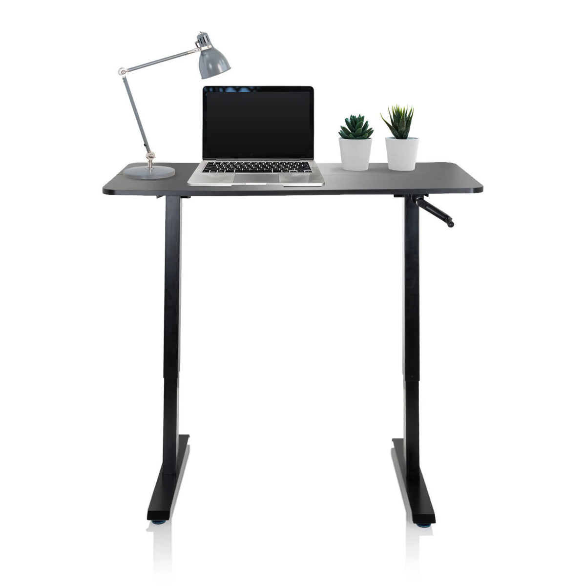 Escritorio de pie negro STAND CR con portátil, lámpara de escritorio y dos plantas pequeñas de hjh OFFICE
