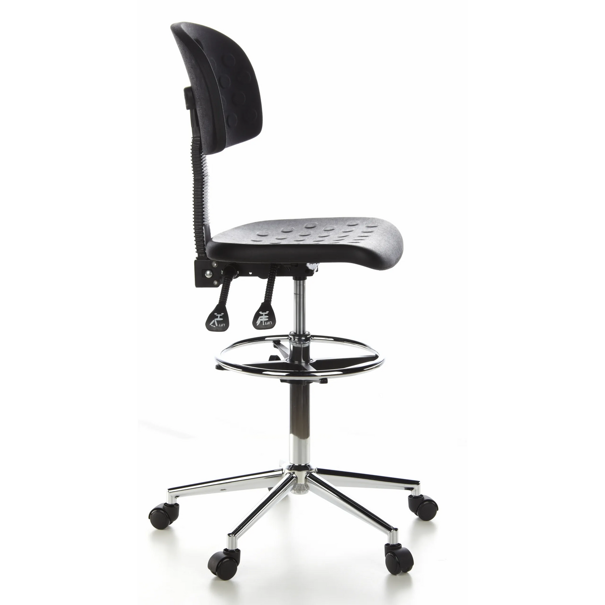 Silla de mostrador negra TOP WORK 23 con reposapiés y base de cinco ruedas de hjh OFFICE – vista de 360° (vista lateral 80°)