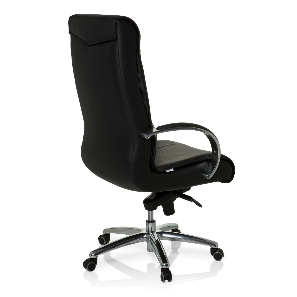 Schwarzer Drehstuhl XXL F 400 aus Leder mit Fußkreuz und fünf Rollen von hjh OFFICE – 360-Grad-Ansicht (schräge Rückenansicht 120°)