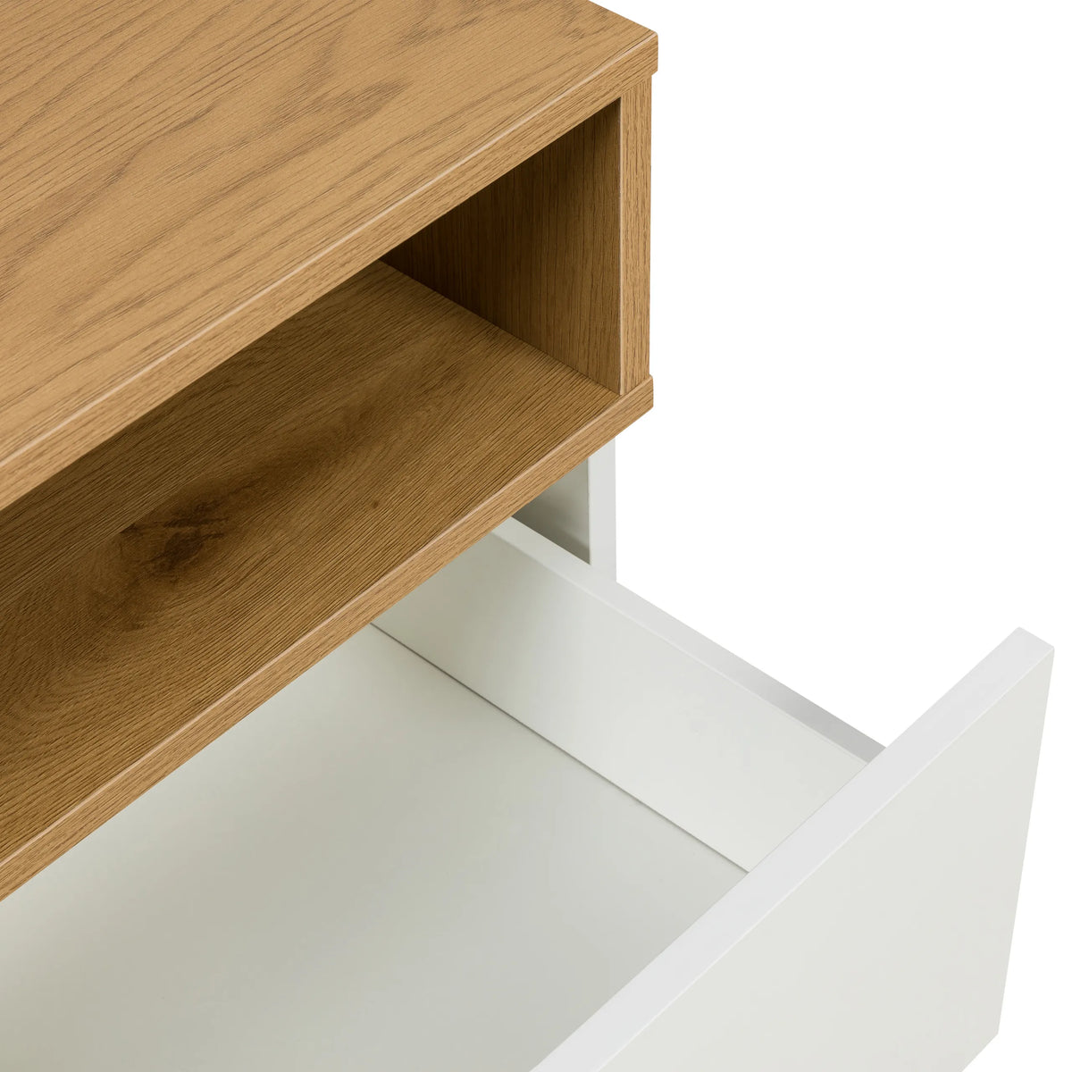 Estante abierto y cajón blanco de la Mesa auxiliar MELMO en roble y blanco de hjh LIVING
