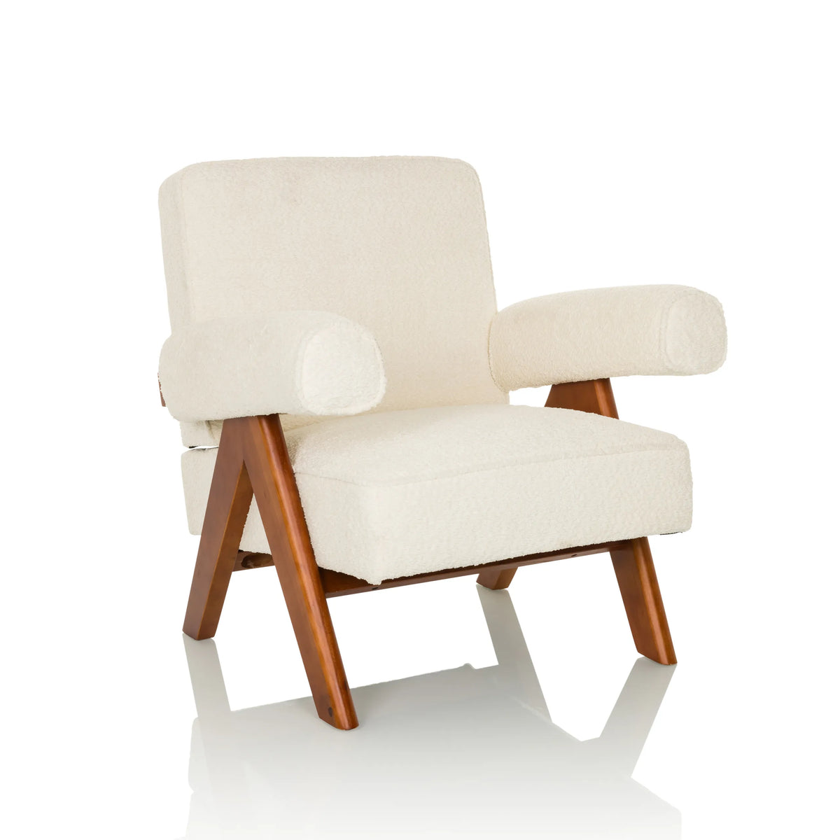 Sillón de diseño POOLY blanco con tapizado estructurado y patas de madera oscura de hjh LIVING – vista de 360° (vista frontal en diagonal 30°)