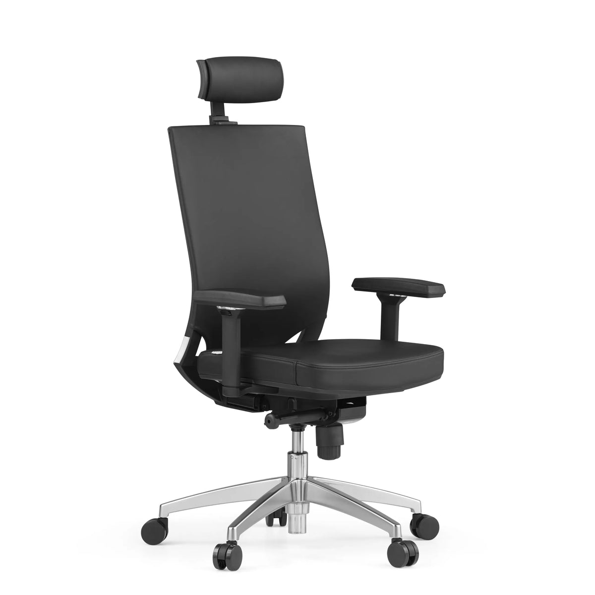 Silla de oficina profesional PORTO MAX HIGH negra de cuero con reposacabezas y base de cinco ruedas de hjh OFFICE – vista de 360° (vista frontal en diagonal 45°)