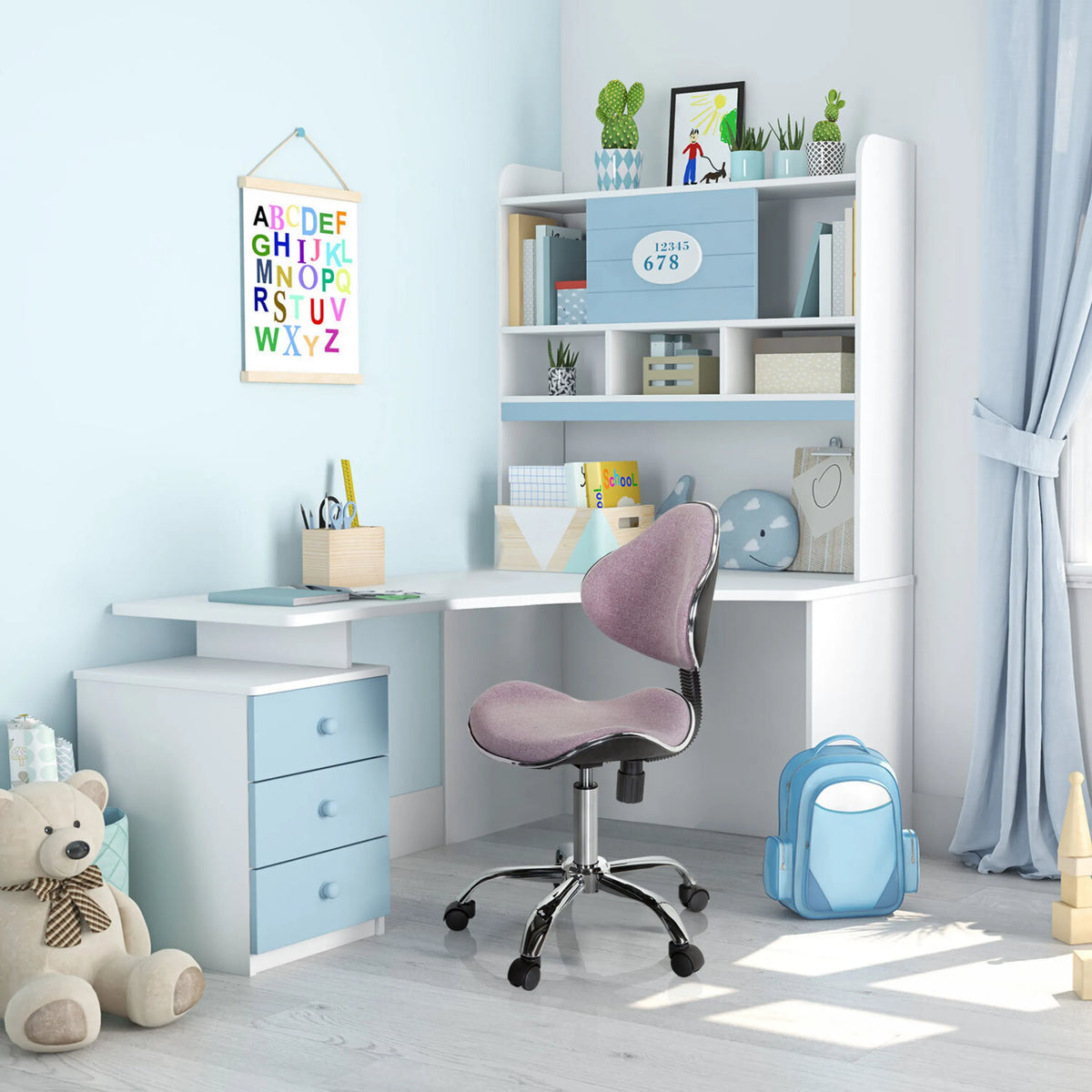 Silla giratoria para niños KIDDY GTI-3 rosa con base de estrella y acolchado en un escritorio de hjh OFFICE