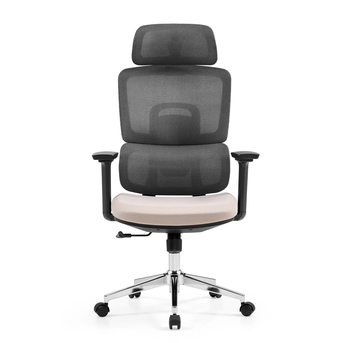 Silla de oficina profesional Ergomy Pro en gris oscuro con asiento beige, respaldo de malla y base de cinco ruedas de hjh OFFICE – vista de 360° (vista frontal 0°)