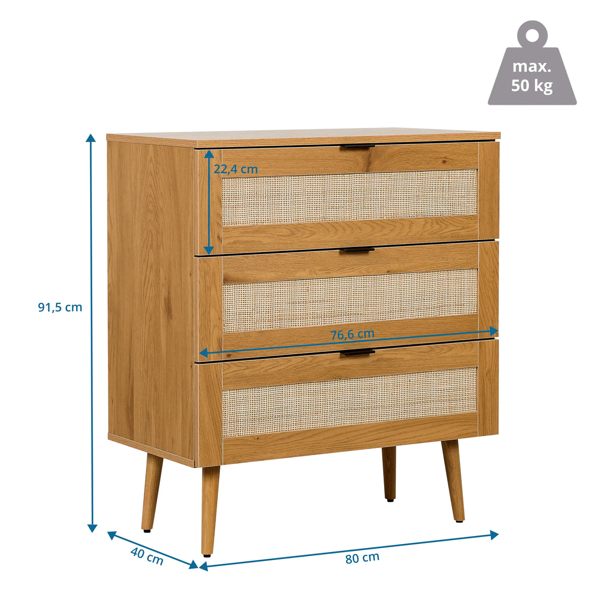 Dibujo dimensional de la Cómoda BOHEO K de 80 × 40 cm y carga máxima de 50 kg de hjh LIVING