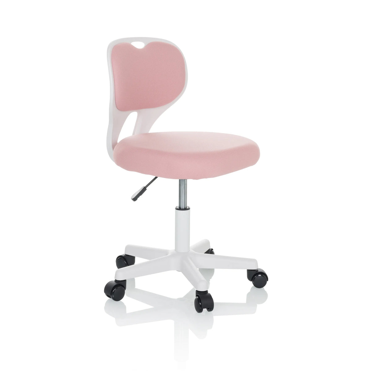 Silla giratoria para niños KIDDY TOP W en color rosa con estructura blanca y base de cinco ruedas de hjh OFFICE – vista de 360° (vista frontal en diagonal 60°)