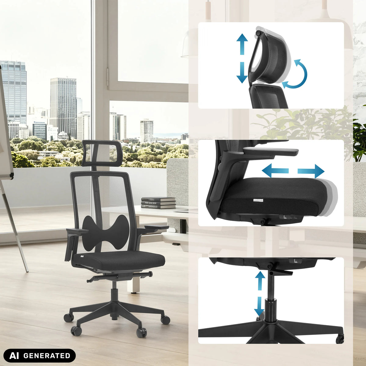 Reposacabezas, profundidad del asiento y muelle de gas ajustables de la silla de oficina profesional ARCEO B en negro de hjh OFFICE