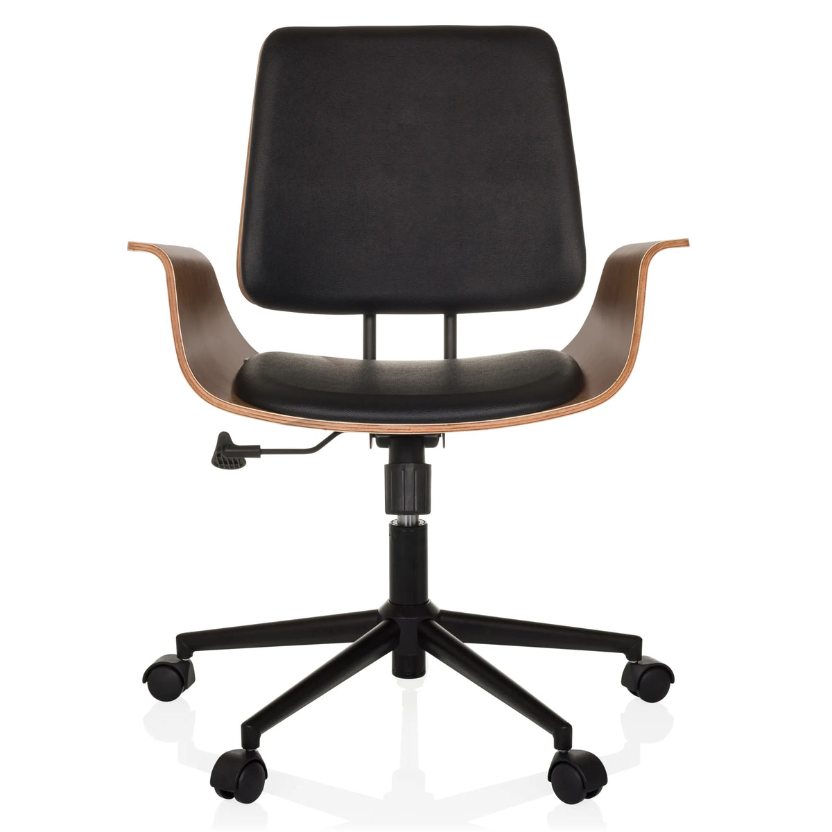 Silla Home Office CENCA II negra con carcasa de madera y base de cinco ruedas de hjh LIVING – vista de 360° (vista frontal 0°)