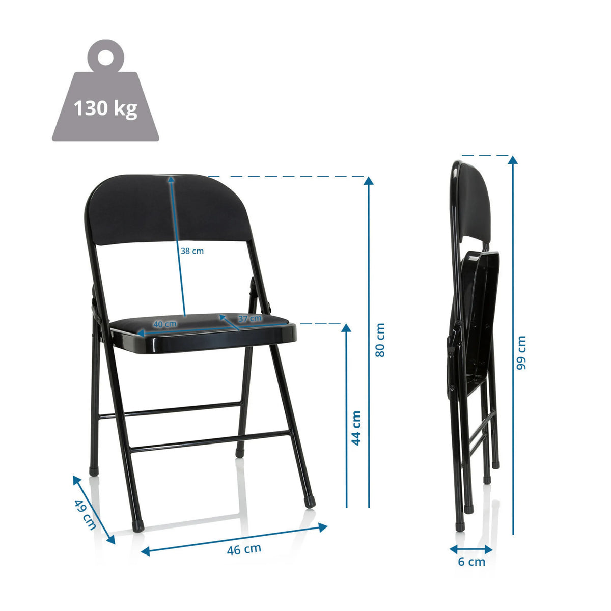Dibujo dimensional de la silla plegable TUDELA II con una altura total de 99 cm y una capacidad de carga de 130 kg de hjh OFFICE