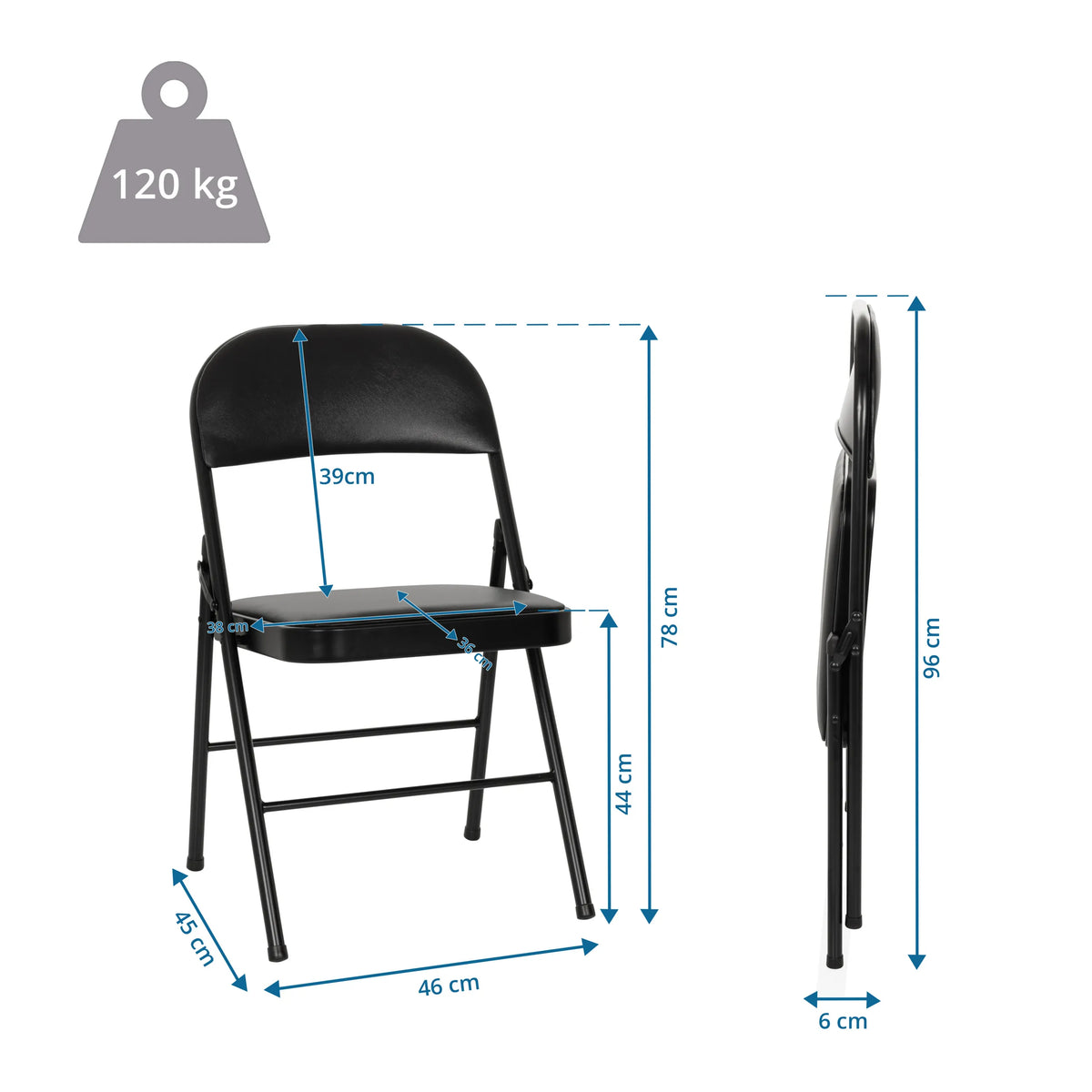 Dibujo dimensional de la silla plegable TUDELA H con una altura total de 96 cm y una capacidad de carga de 120 kg de hjh OFFICE