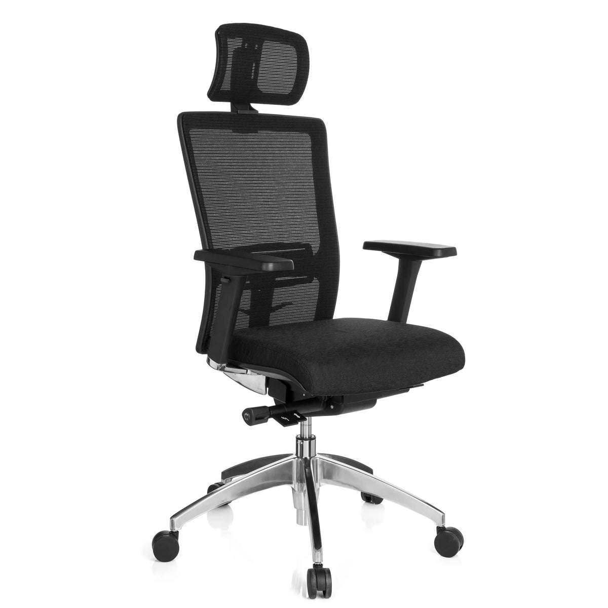 Silla de oficina profesional ASTRA LUX negra con respaldo de malla, reposacabezas y base de cinco ruedas de hjh OFFICE – vista de 360° (vista frontal en diagonal 40°)