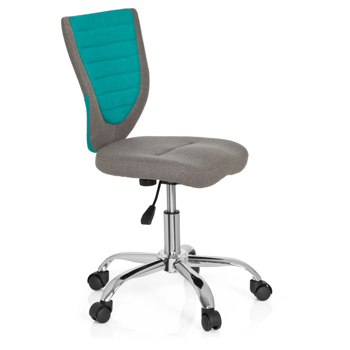 Silla giratoria para niños KIDDY COMFORT en color gris turquesa con base de estrella y cinco ruedas de hjh OFFICE – vista de 360° (vista frontal en diagonal 60°)