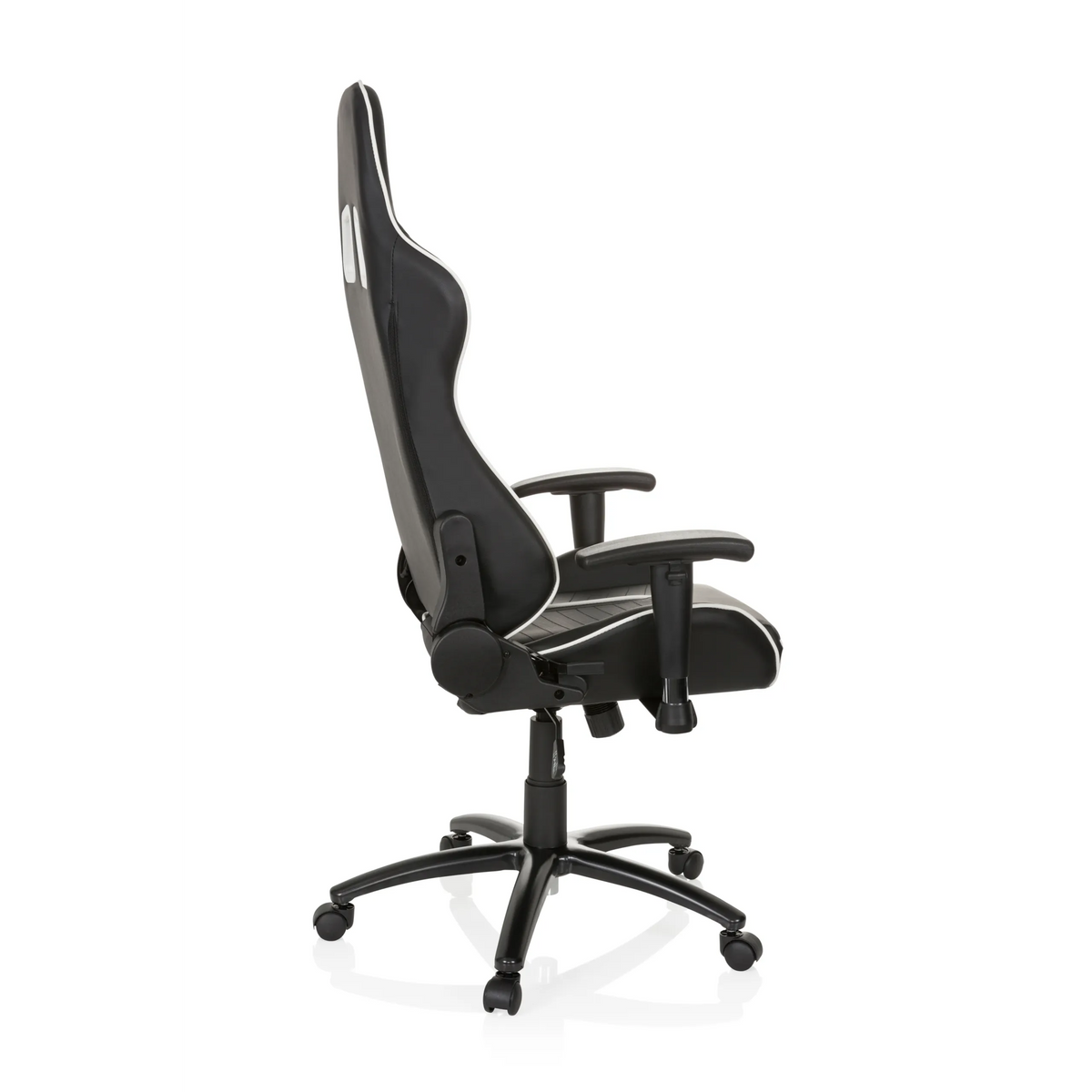 Silla gaming LEAGUE PRO en blanco y negro con reposacabezas y base de cinco ruedas de hjh OFFICE – vista de 360° (vista lateral 100°)