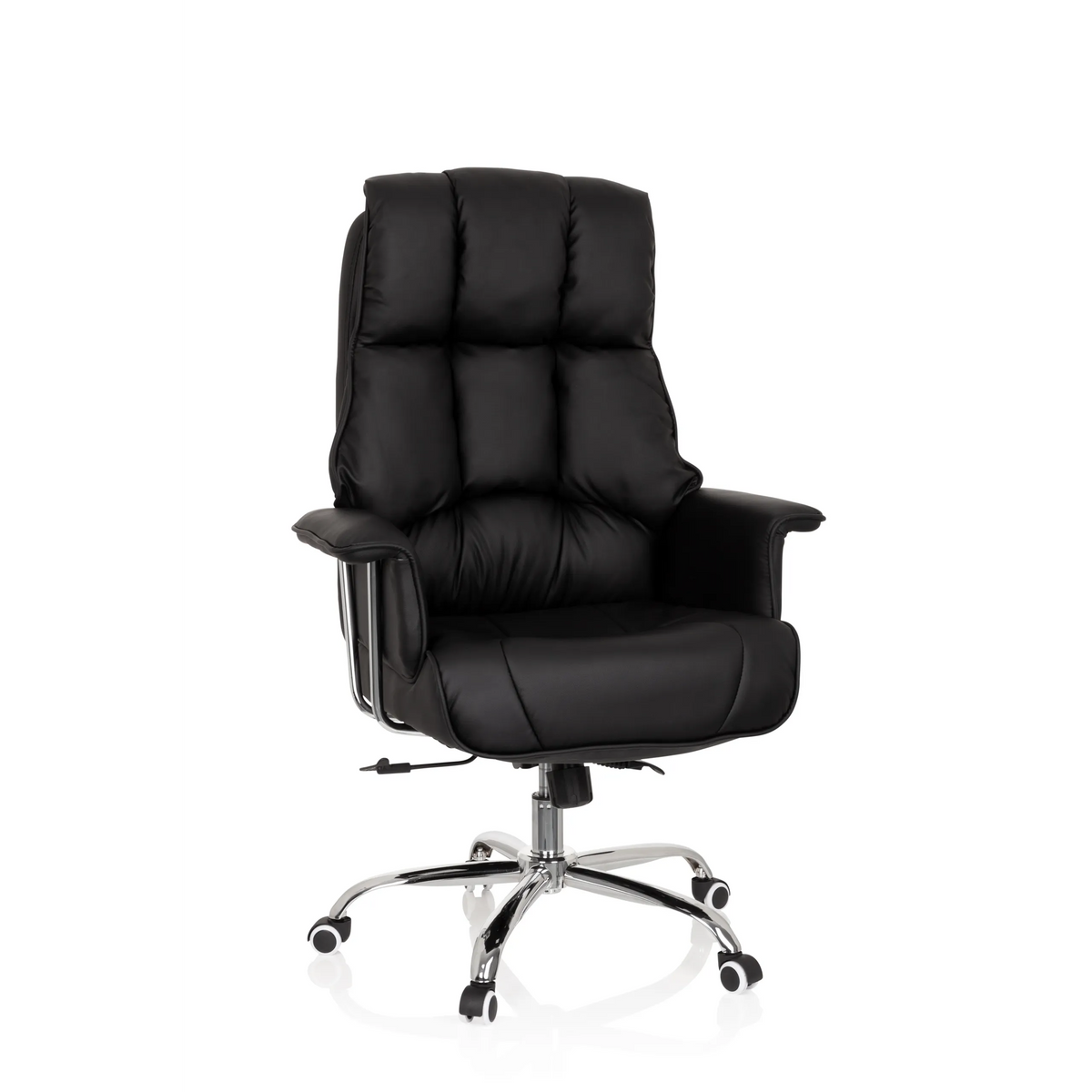 Sillón de oficina profesional COMMANDER negro con tapicería acolchada y base de cinco ruedas de hjh OFFICE – vista de 360° (vista frontal 20°)