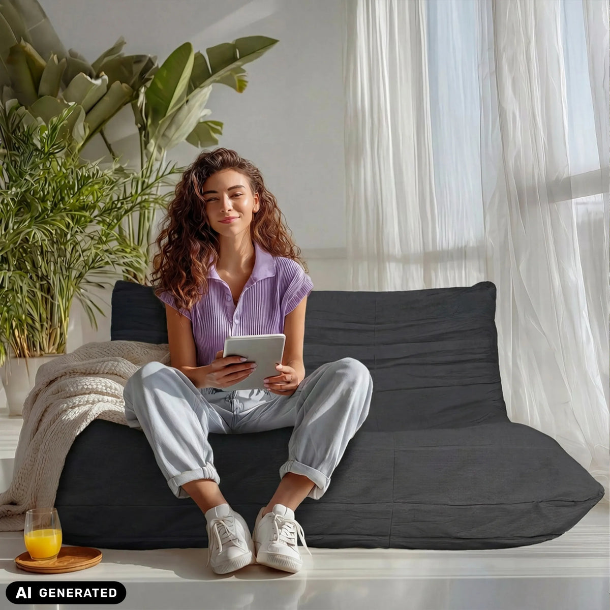 Sillón de diseño Sitzolo 2 gris con una persona sentada de hjh LIVING (imagen generada por IA)