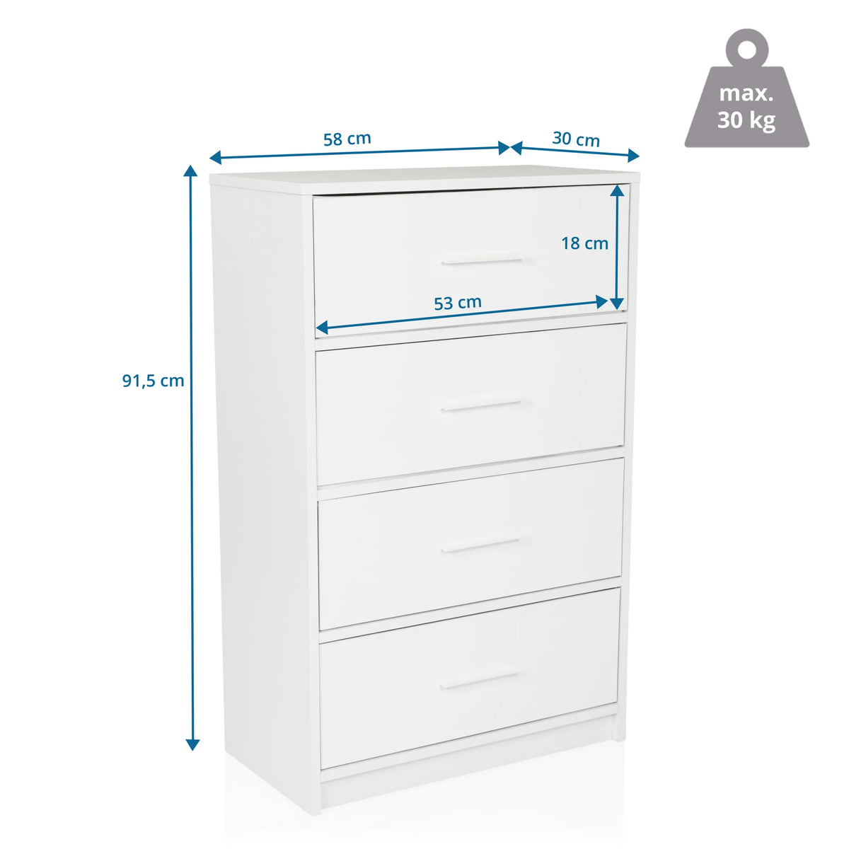Dibujo dimensional de la Cómoda ESTORIA con una altura de 91,5 cm y una anchura de 58 cm de hjh LIVING