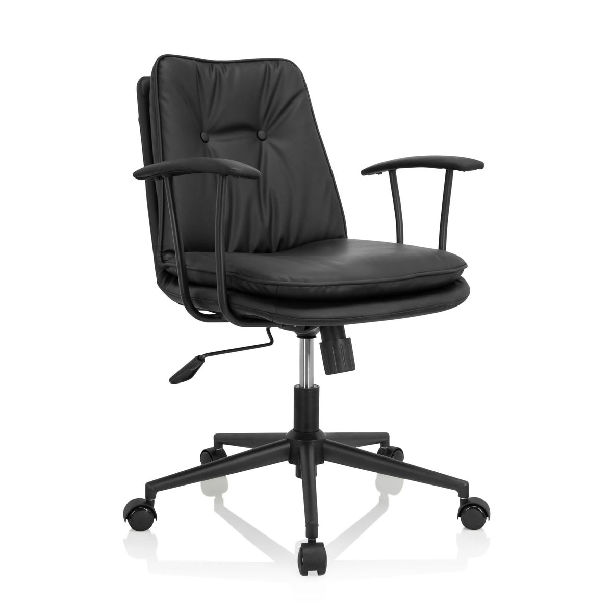Silla Home Office SMALLO negra con acolchado y base de cinco ruedas de hjh OFFICE – vista de 360° (vista frontal en diagonal 40°)