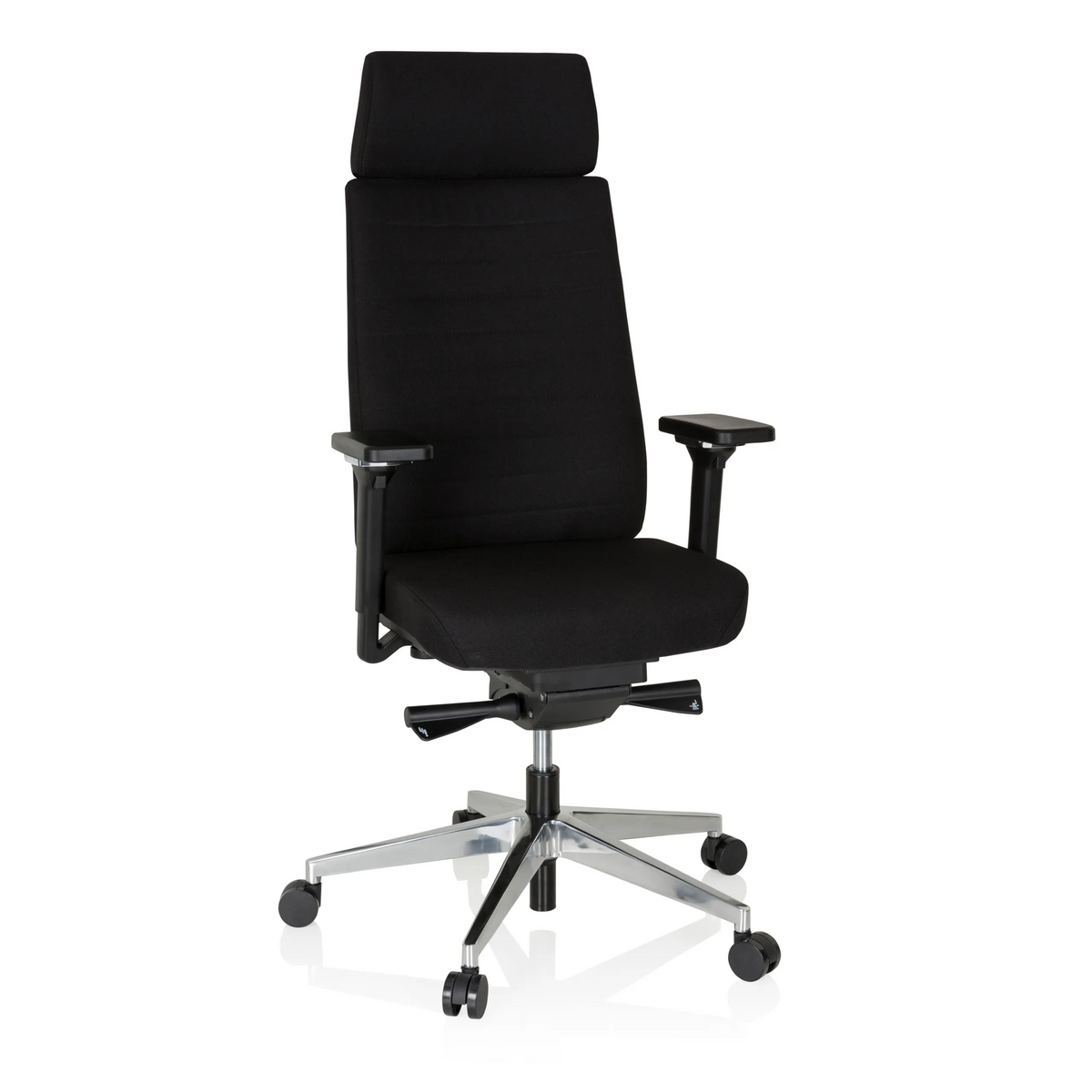 Silla de oficina profesional MOVE-TEC PRO 3D negra con reposacabezas y base de cinco ruedas de hjh OFFICE – vista de 360° (vista frontal 20°)