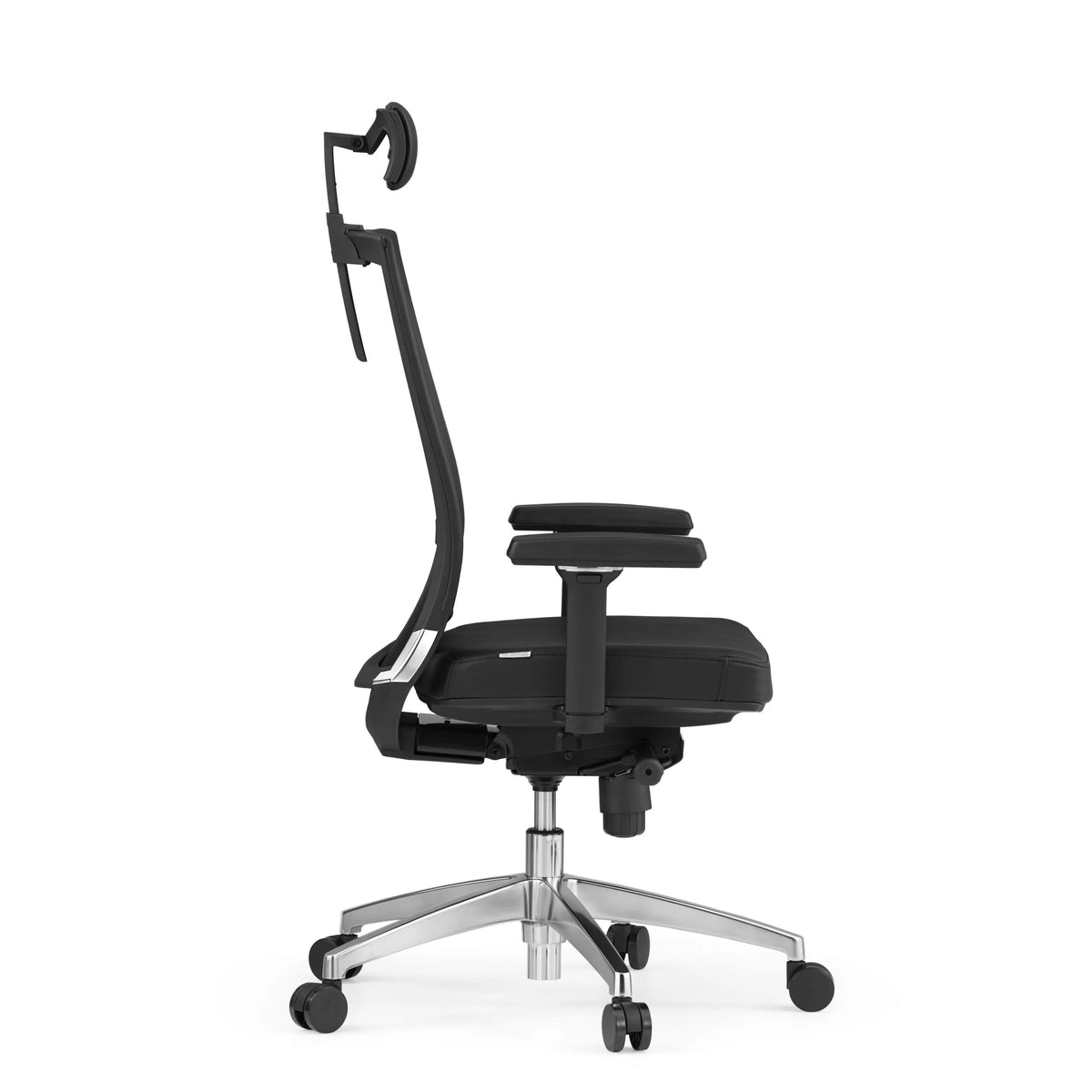 Silla de oficina profesional PORTO MAX HIGH negra de cuero con reposacabezas y base de cinco ruedas de hjh OFFICE – vista de 360° (vista lateral 90°)