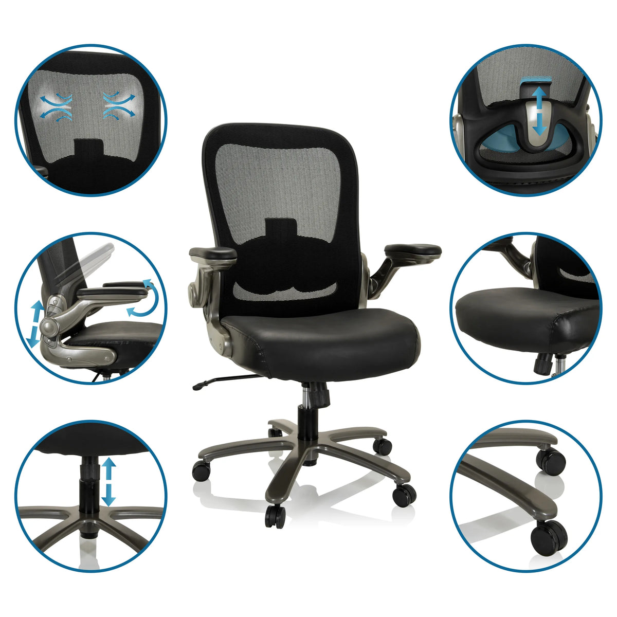 Silla giratoria XXL INSTRUCTOR T I en negro con respaldo de malla, tapizado de cuero y varias opciones de ajuste de hjh OFFICE